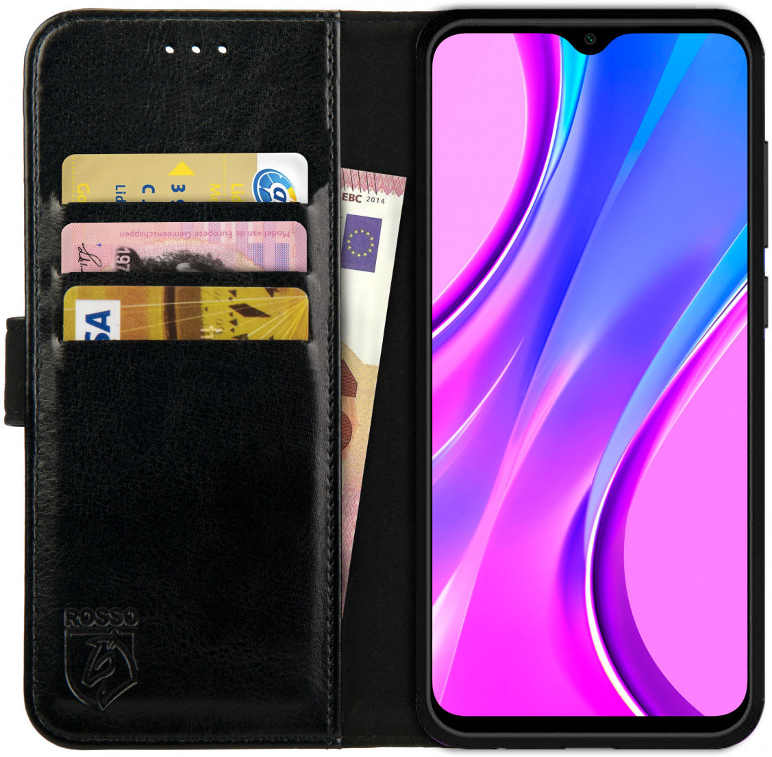 Rosso Element Xiaomi Redmi 9 Hoesje Book Cover Wallet Case Zwart afbeelding 1