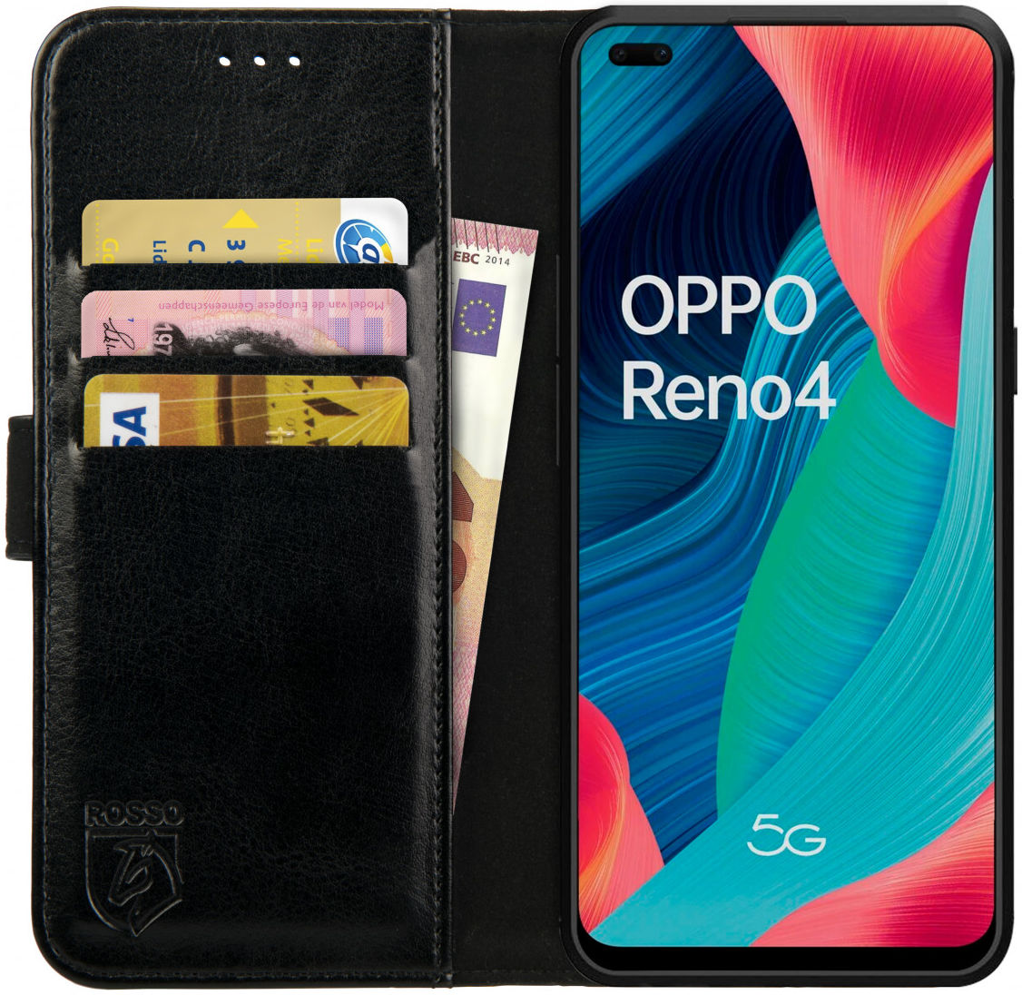 Rosso Element Oppo Reno 4 Hoesje Book Cover Wallet Case Zwart afbeelding 1