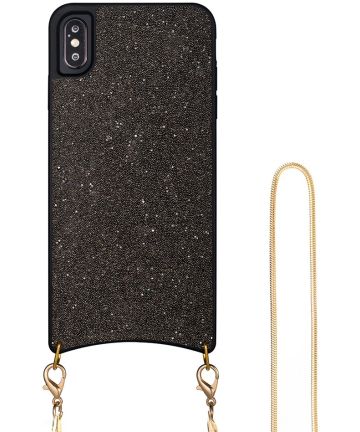 Apple iPhone XS Max Hoesje Sparkle Glitter TPU met Metalen Koord Zwart Hoesjes