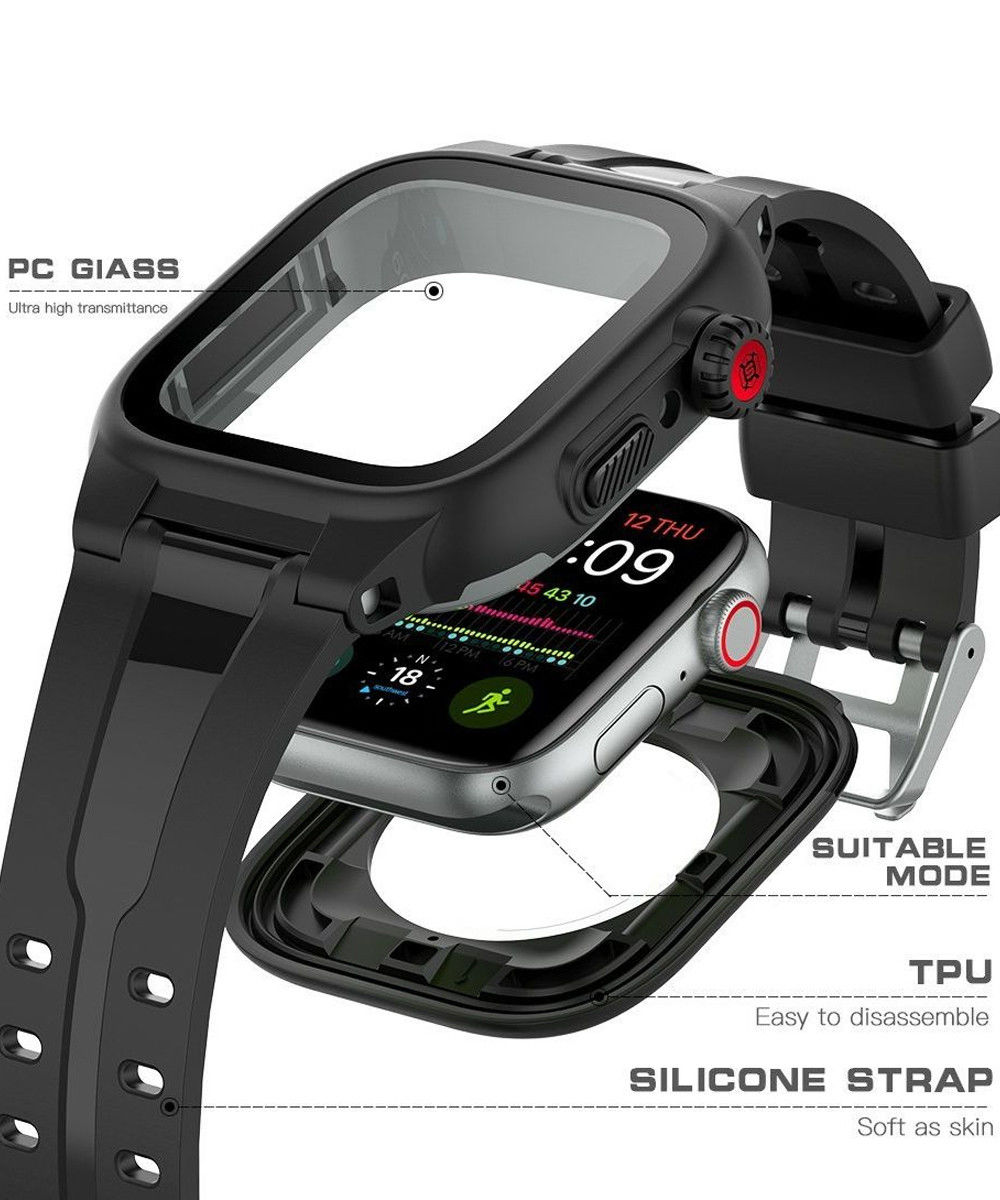 SHELLBOX Waterdicht en Hybride Apple Watch 44MM Hoesje en Bandje Zwart afbeelding 10