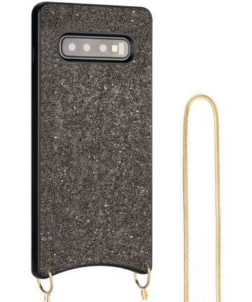 Samsung Galaxy S10 Hoesje Sparkle Glitter TPU met Metalen Koord Zwart Hoesjes