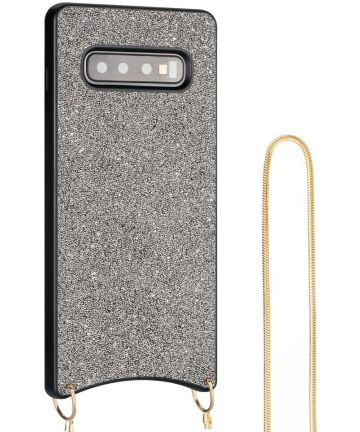 Samsung Galaxy S10 Hoesje Sparkle Glitter TPU met Metalen Koord Zilver Hoesjes