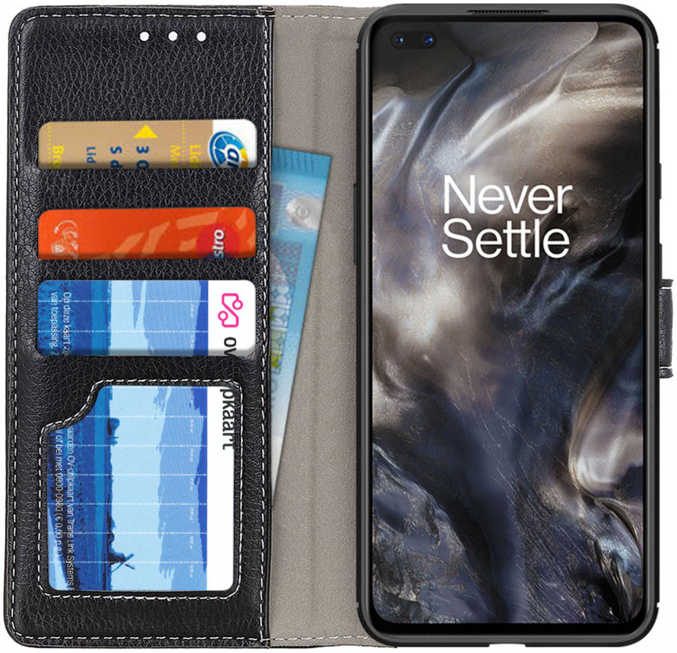 OnePlus Nord Litchi Vintage Wallet Hoesje Zwart afbeelding 1