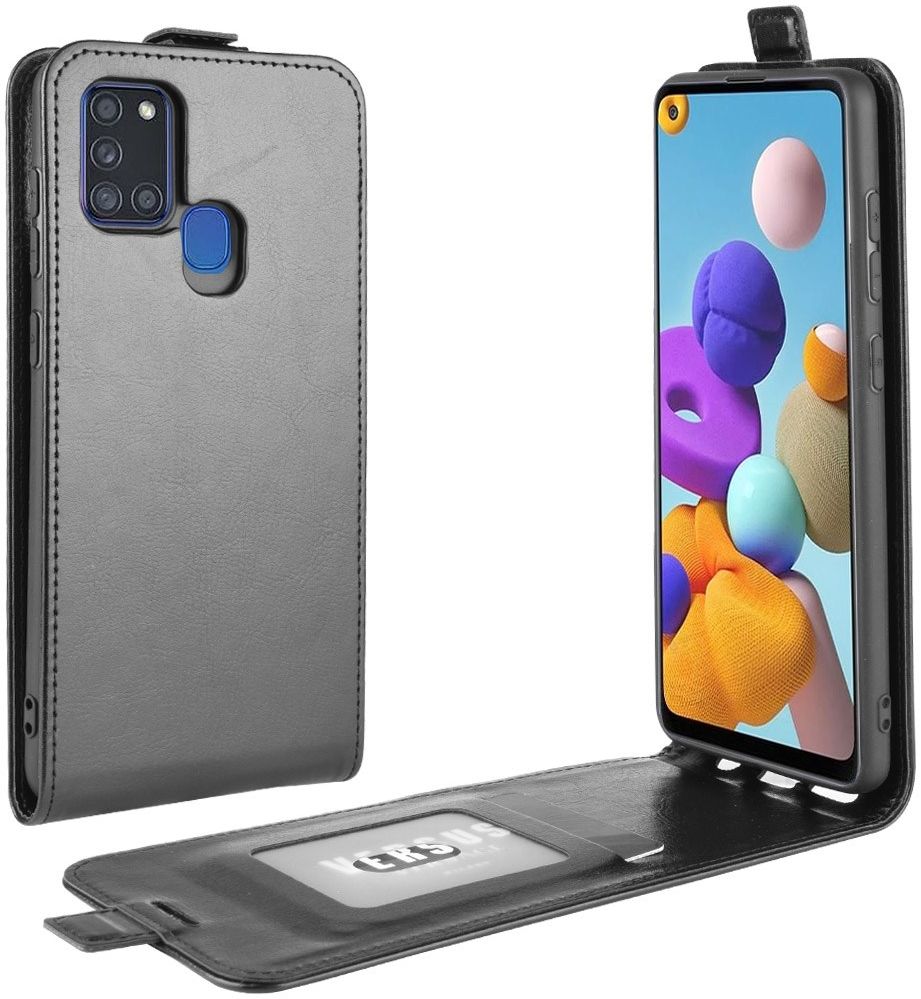 Samsung Galaxy A21s Hoesje Verticale Flipcase Crazy Horse Zwart afbeelding 1