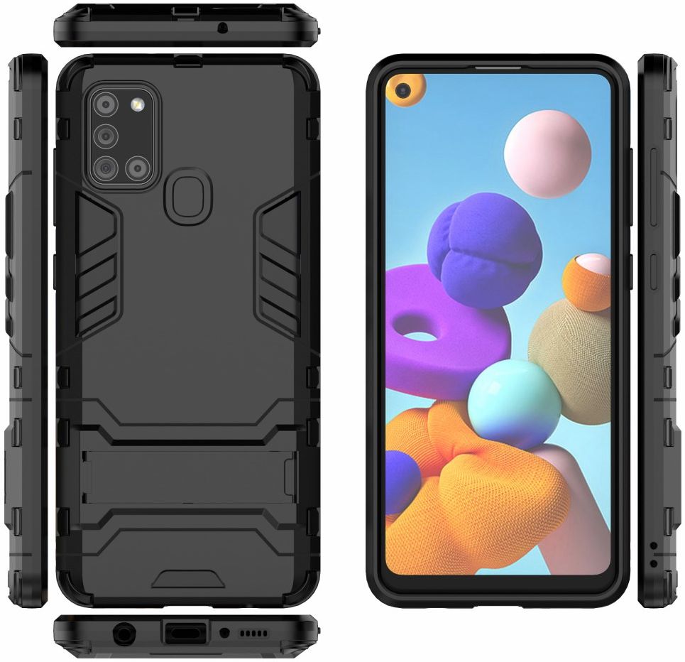 Samsung Galaxy A21s Hoesje Shock Proof Back Cover Met Kickstand Zwart