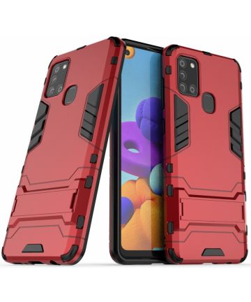 Samsung Galaxy A21S Hoesje Shock Proof Back Cover Met Kickstand Rood Hoesjes