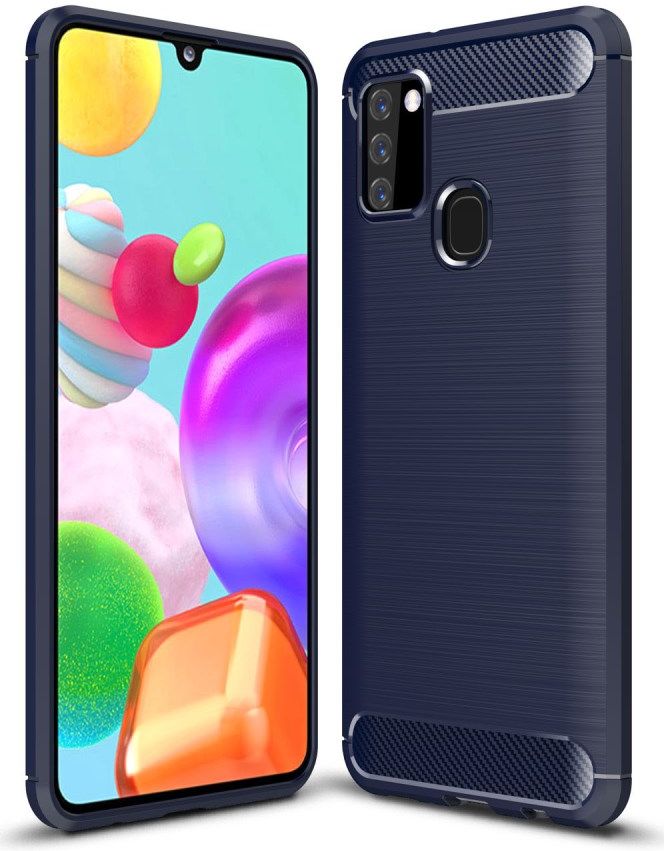 Samsung Galaxy A21s Geborsteld TPU Hoesje Carbon Fiber Blauw afbeelding 1
