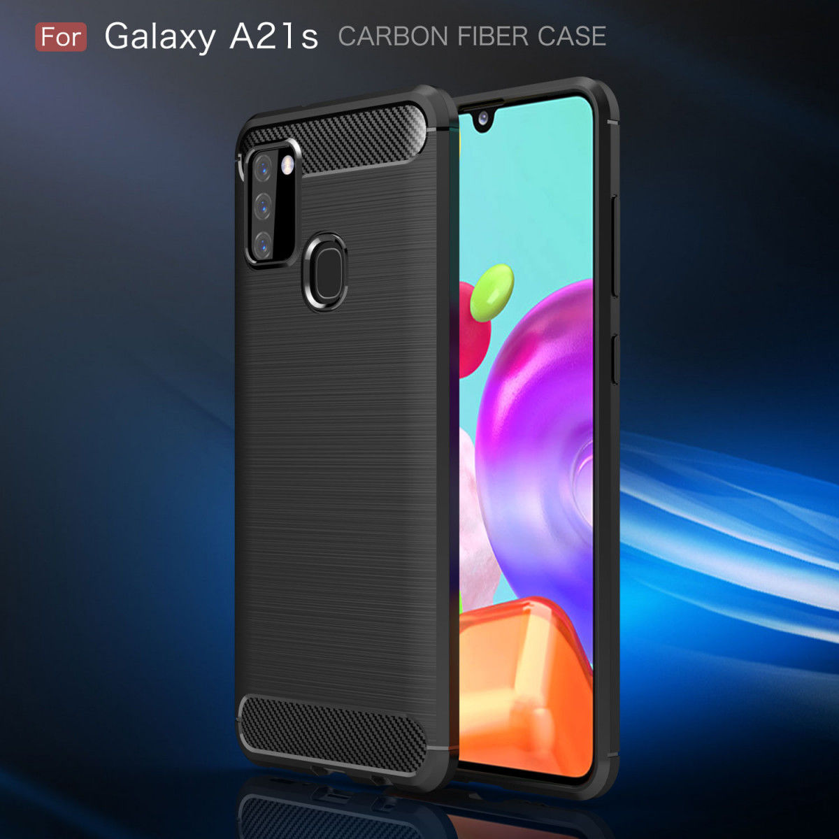 Samsung Galaxy A21s Geborsteld TPU Hoesje Carbon Fiber Blauw afbeelding 2