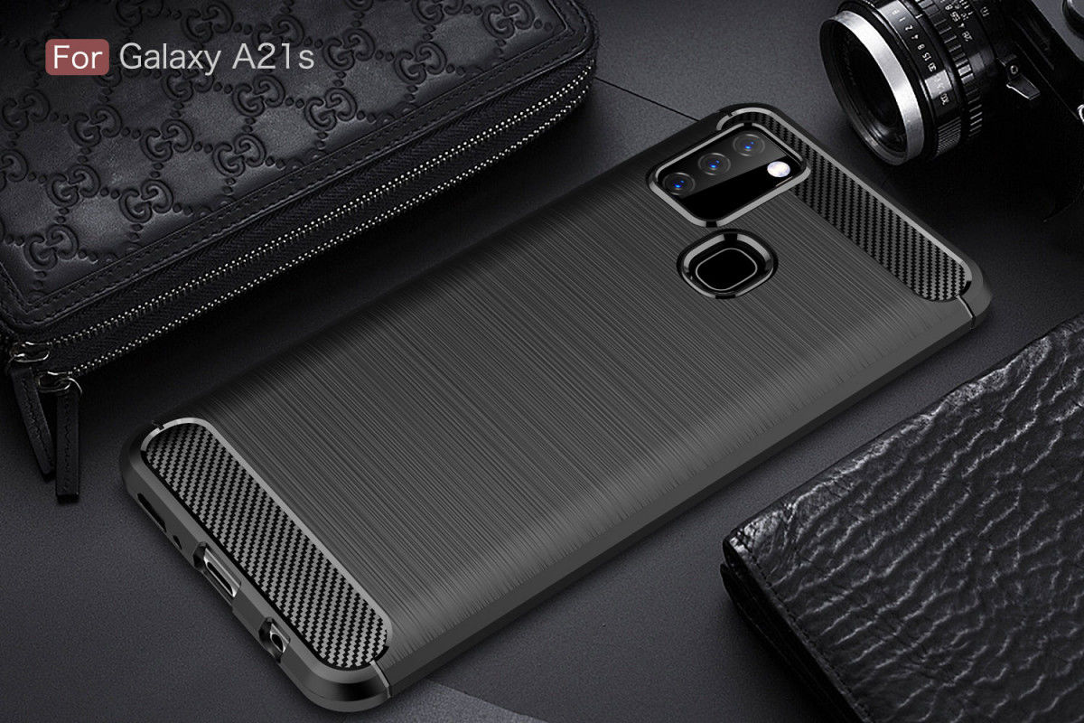 Samsung Galaxy A21s Geborsteld TPU Hoesje Carbon Fiber Blauw afbeelding 10