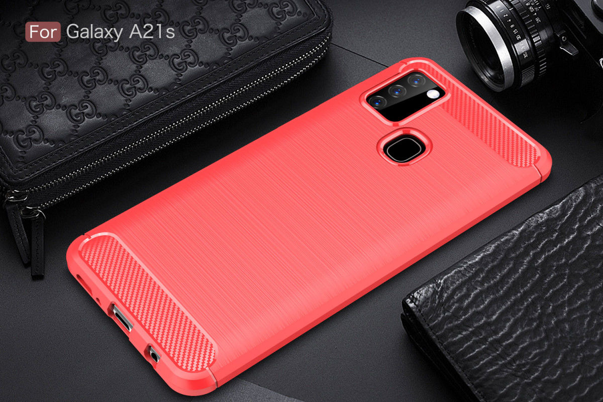 Samsung Galaxy A21s Geborsteld TPU Hoesje Carbon Fiber Rood afbeelding 2