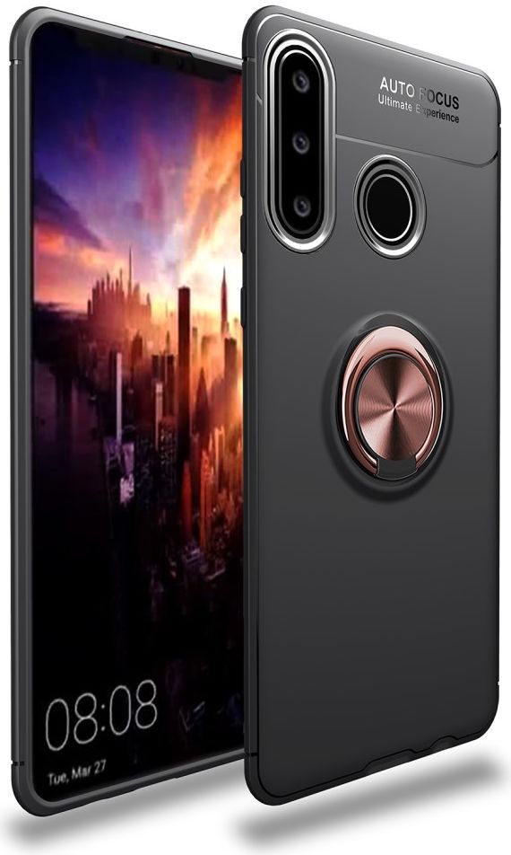 Huawei P30 Lite TPU Hoesje met Ring Kickstand Zwart/Rose Gold afbeelding 1