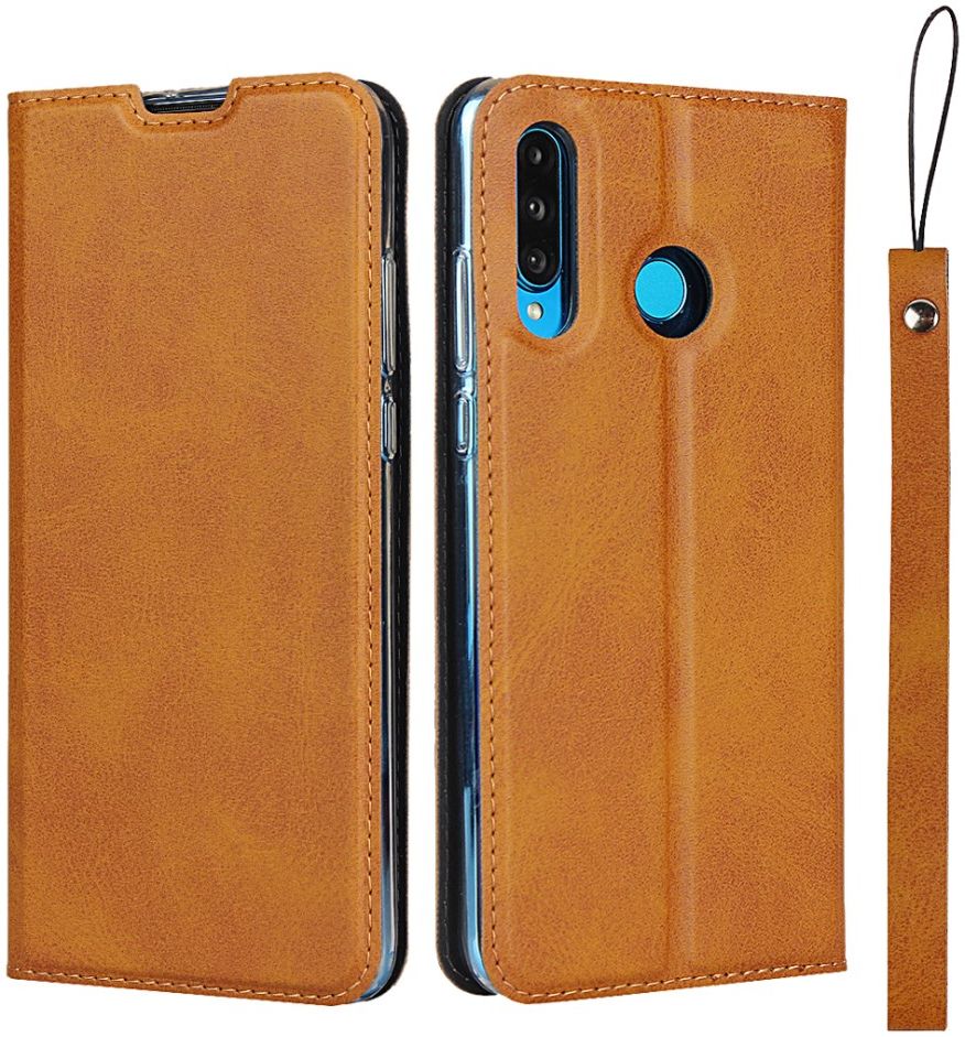 Huawei P30 Lite Kunstlederen Portemonnee Hoesje met Polsband Bruin afbeelding 1