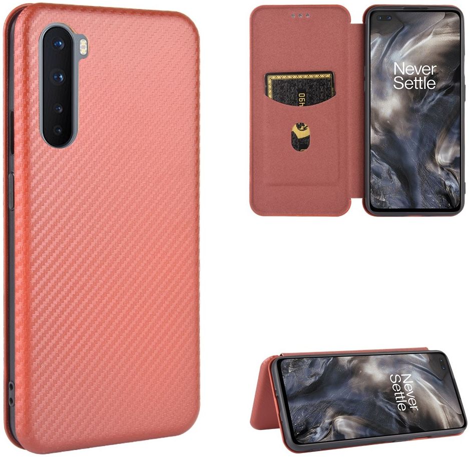 OnePlus Nord Carbon Fiber Portemonnee Hoesje Bruin afbeelding 2