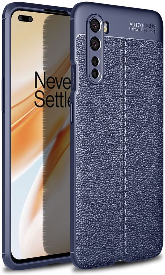 OnePlus Nord Litchi Hoesje TPU met Leren Textuur Blauw afbeelding 1