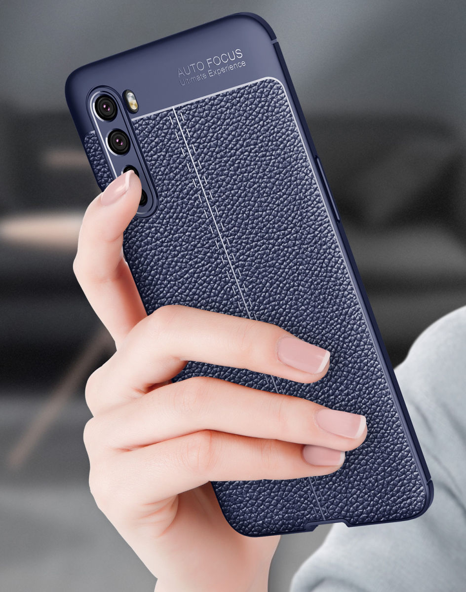 OnePlus Nord Litchi Hoesje TPU met Leren Textuur Blauw afbeelding 3