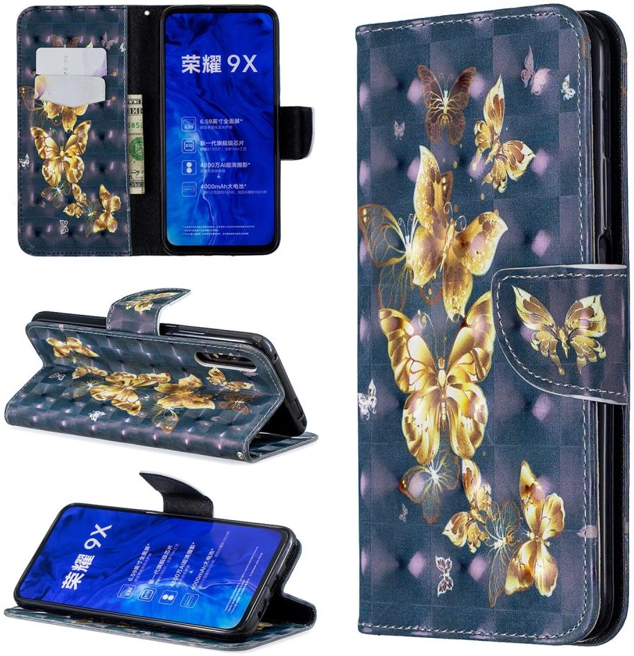 Honor 9X Lederen Portemonnee Hoesje met Print Vlinders afbeelding 1