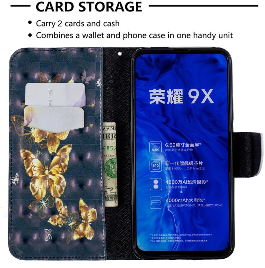 Honor 9X Lederen Portemonnee Hoesje met Print Vlinders afbeelding 6