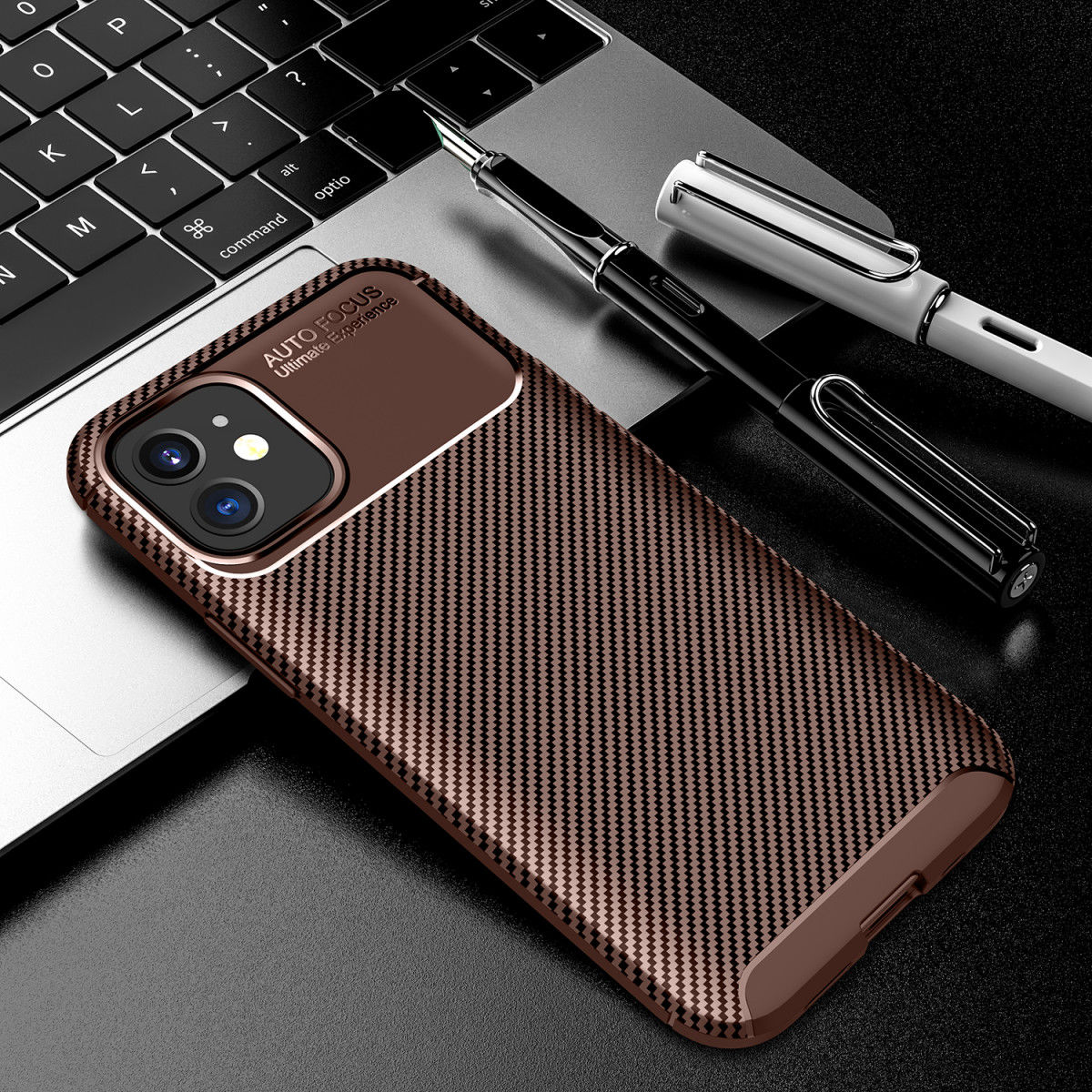 Apple iPhone 12 Mini Hoesje Carbon Fiber Back Cover Bruin afbeelding 3