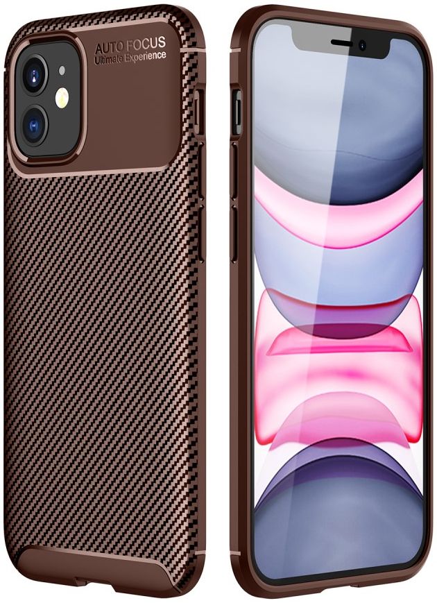 Apple iPhone 12 Mini Hoesje Carbon Fiber Back Cover Bruin afbeelding 1