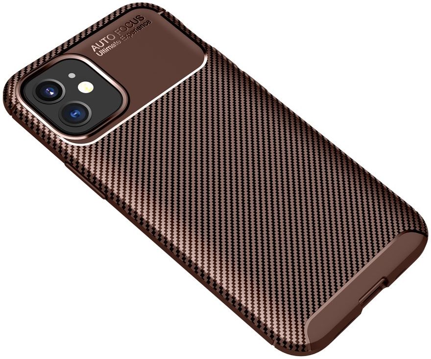 Apple iPhone 12 Mini Hoesje Carbon Fiber Back Cover Bruin afbeelding 2