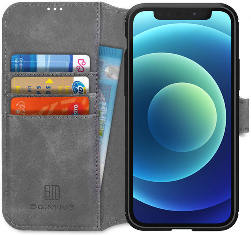 DG Ming Apple iPhone 12 Mini Hoesje Retro Wallet Book Case Grijs afbeelding 1