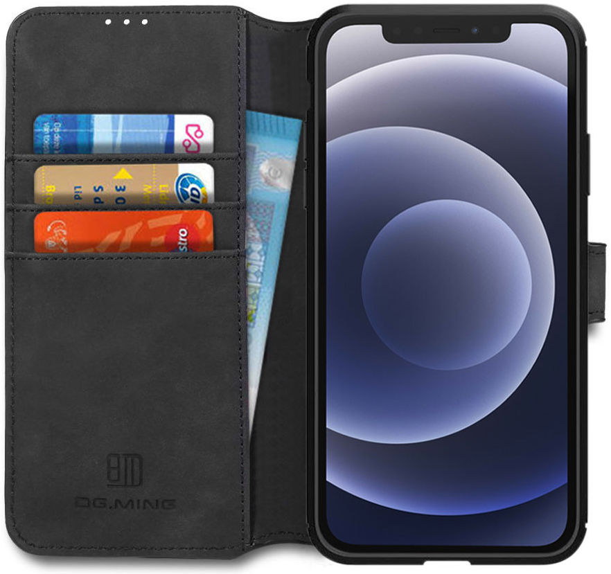 DG Ming Apple iPhone 12 / 12 Pro Hoesje Retro Wallet Book Case Zwart afbeelding 1