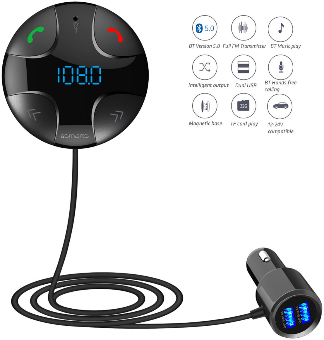 4smarts Bluetooth Audio Transmitter en Auto Lader met Hands Free Kit afbeelding 4
