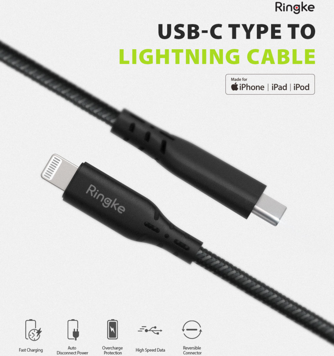Ringke USB-C C naar Apple Lightning Kabel 1.2 Meter Zwart afbeelding 8