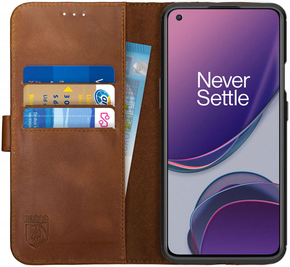 Rosso Deluxe OnePlus 8T Hoesje Echt Leer Book Case Bruin afbeelding 1
