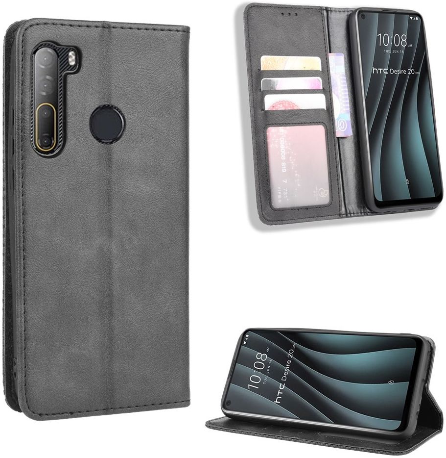 HTC Desire 20 Pro Retro Book Case Portemonnee Hoesje Zwart afbeelding 4