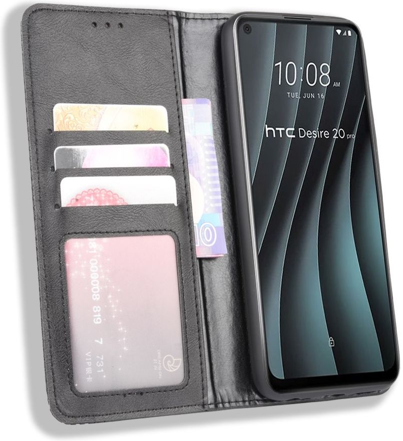HTC Desire 20 Pro Retro Book Case Portemonnee Hoesje Zwart afbeelding 1
