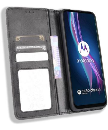 Motorola Moto One Fusion Plus Retro Portemonnee Stand Hoesje Zwart Hoesjes