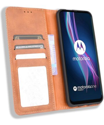 Motorola Moto One Fusion Plus Retro Portemonnee Stand Hoesje Bruin Hoesjes