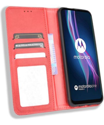 Motorola Moto One Fusion Plus Retro Portemonnee Stand Hoesje Rood Hoesjes