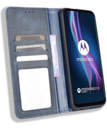 Motorola Moto One Fusion Plus Retro Portemonnee Stand Hoesje Blauw Hoesjes
