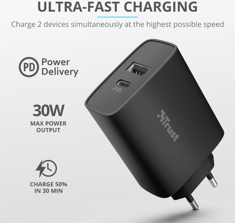 Trust Qmax Snellader 30W USB + USB-C Oplader met Power Delivery Zwart afbeelding 6