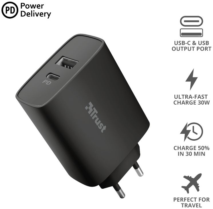 Trust Qmax Snellader 30W USB + USB-C Oplader met Power Delivery Zwart afbeelding 7