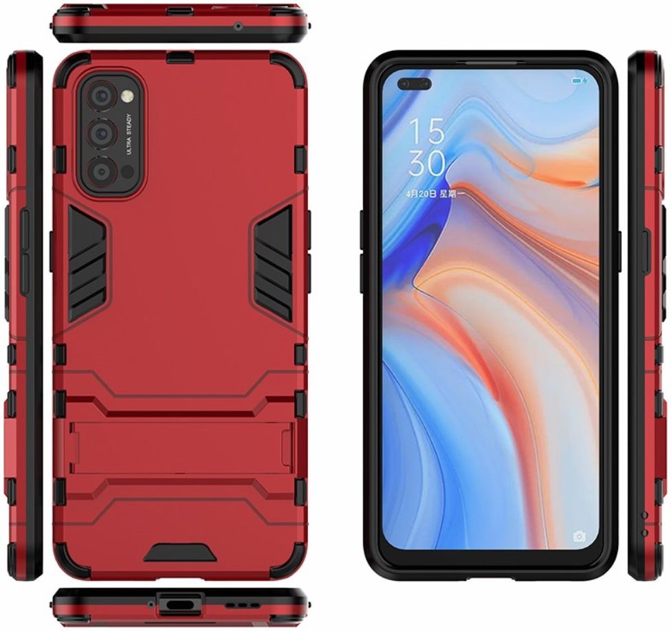 Oppo Reno 4 5G Hoesje Shock Proof Back Cover Met Kickstand Rood afbeelding 3