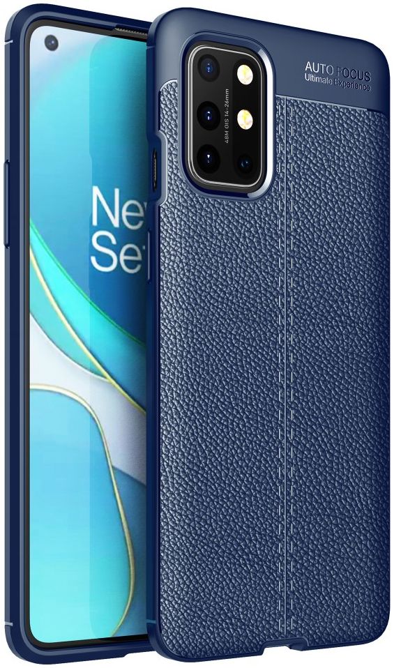 OnePlus 8T Litchi Hoesje TPU met Leren Textuur Blauw afbeelding 1