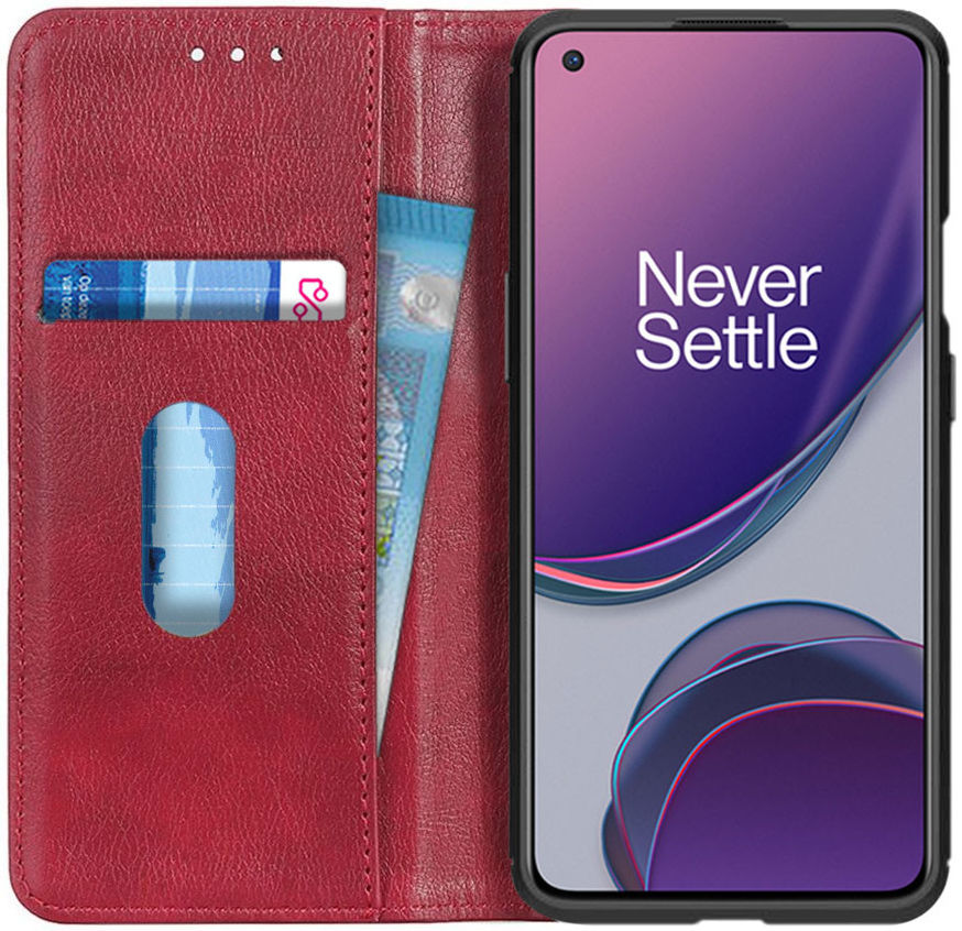 OnePlus 8T Book Case Hoesje Litchi Skin Wallet Rood afbeelding 1