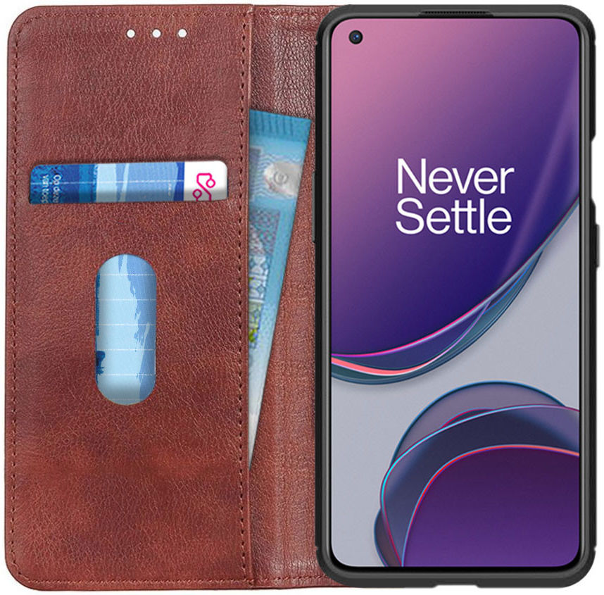 OnePlus 8T Book Case Hoesje Litchi Skin Wallet Bruin afbeelding 1