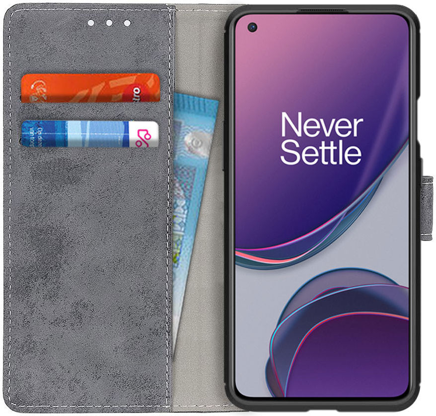 OnePlus 8T Book Case Hoesje Retro Wallet Grijs afbeelding 1