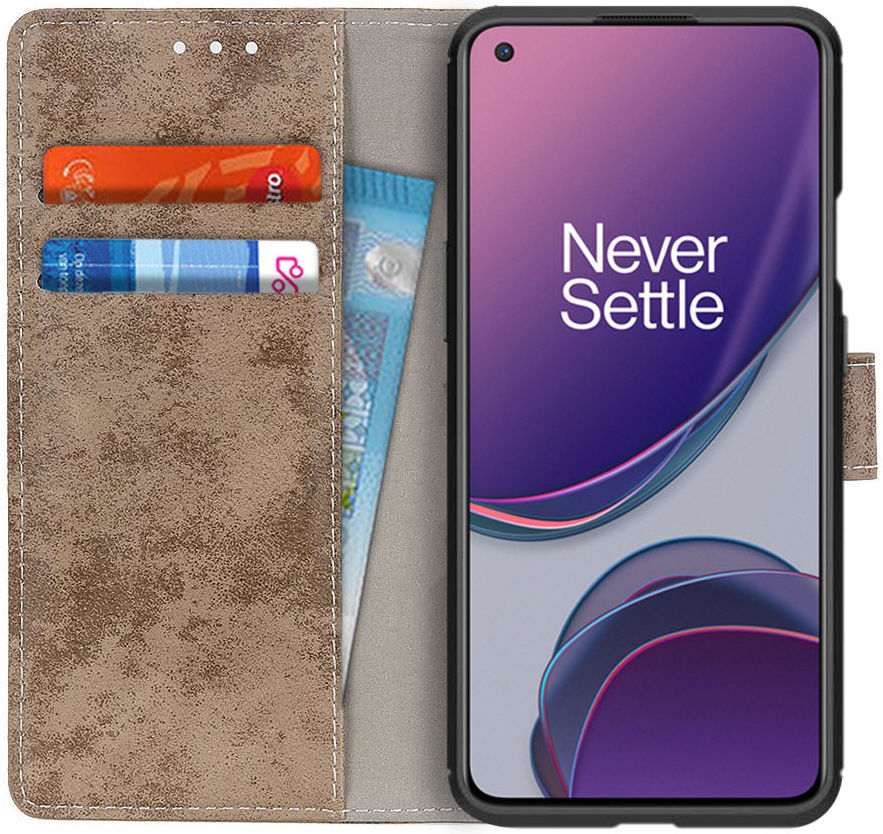 OnePlus 8T Book Case Hoesje Retro Wallet Khaki afbeelding 1
