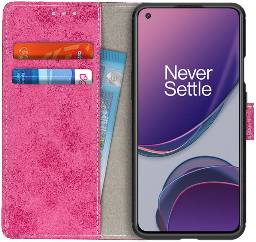 OnePlus 8T Book Case Hoesje Retro Wallet Roze afbeelding 1