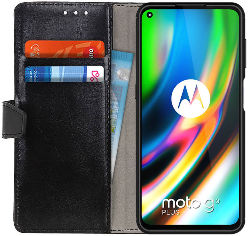Motorola Moto G9 Plus Crazy Horse Portemonnee Stand Hoesje Zwart afbeelding 1
