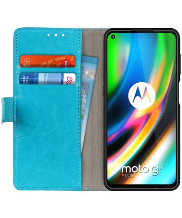 Motorola Moto G9 Plus Crazy Horse Portemonnee Stand Hoesje Blauw Hoesjes