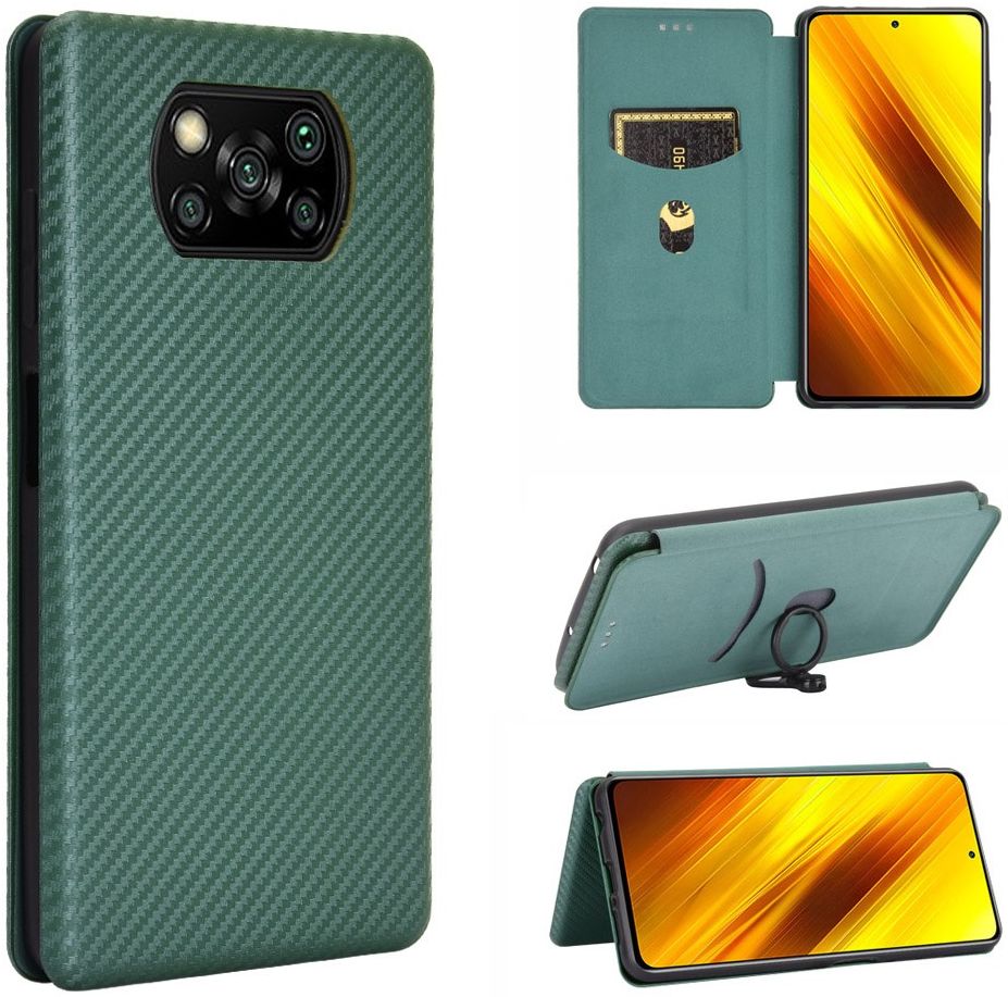 Xiaomi Poco X3 / X3 Pro Hoesje Carbon Fiber Book Case Groen afbeelding 4