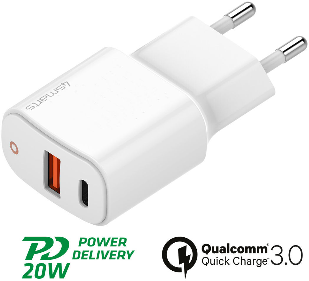 4smarts DoublePort 20W USB-A QC en USB-C Power Delivery Adapter Wit afbeelding 3