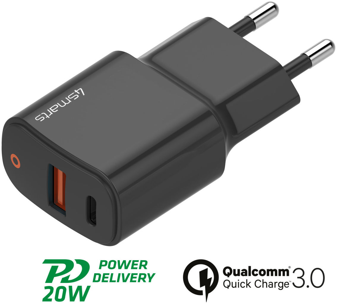 4smarts DoublePort 20W USB-A QC en USB-C Power Delivery Adapter Zwart afbeelding 3