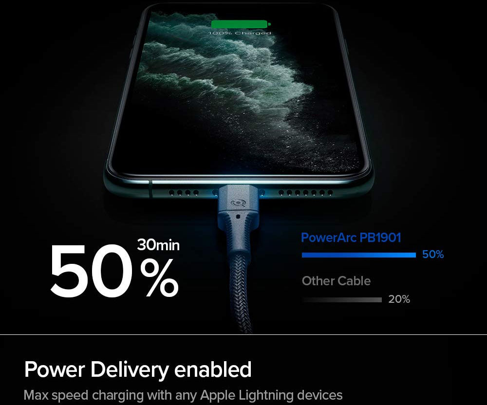 Spigen PowerArc ArcWire Gevlochten USB-C/Lightning Kabel 1 Meter Zwart afbeelding 3